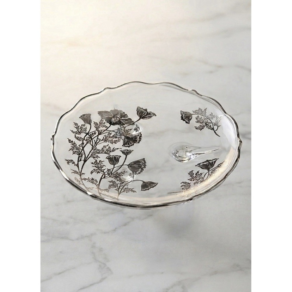 Vintage FLANDERS Silver City Clear Glass Candy Dish Poppy Overlay  3 Toed 7" Dia